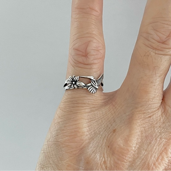 Sterling Silver Flower and Hummingbird Ring, Bird Ring, Silver Rings, Animals - Picture 9 of 14